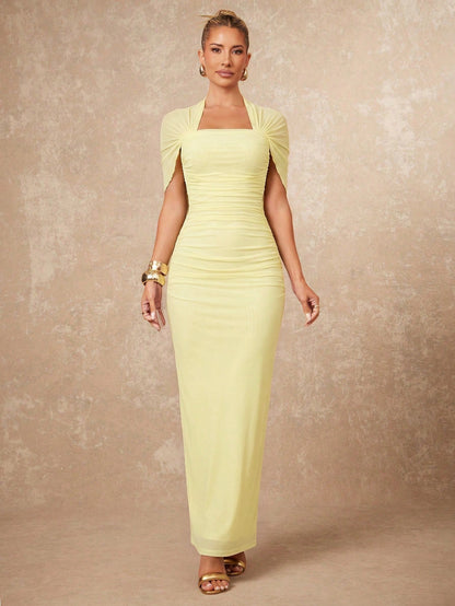 Lumalex Women's Pale Yellow Summer Elegant Day Party Dress,Old Money Ruched Bodycon Wedding Guest Formal Gown,Halterneck Flowy Layered Cocktail Outfits Modest