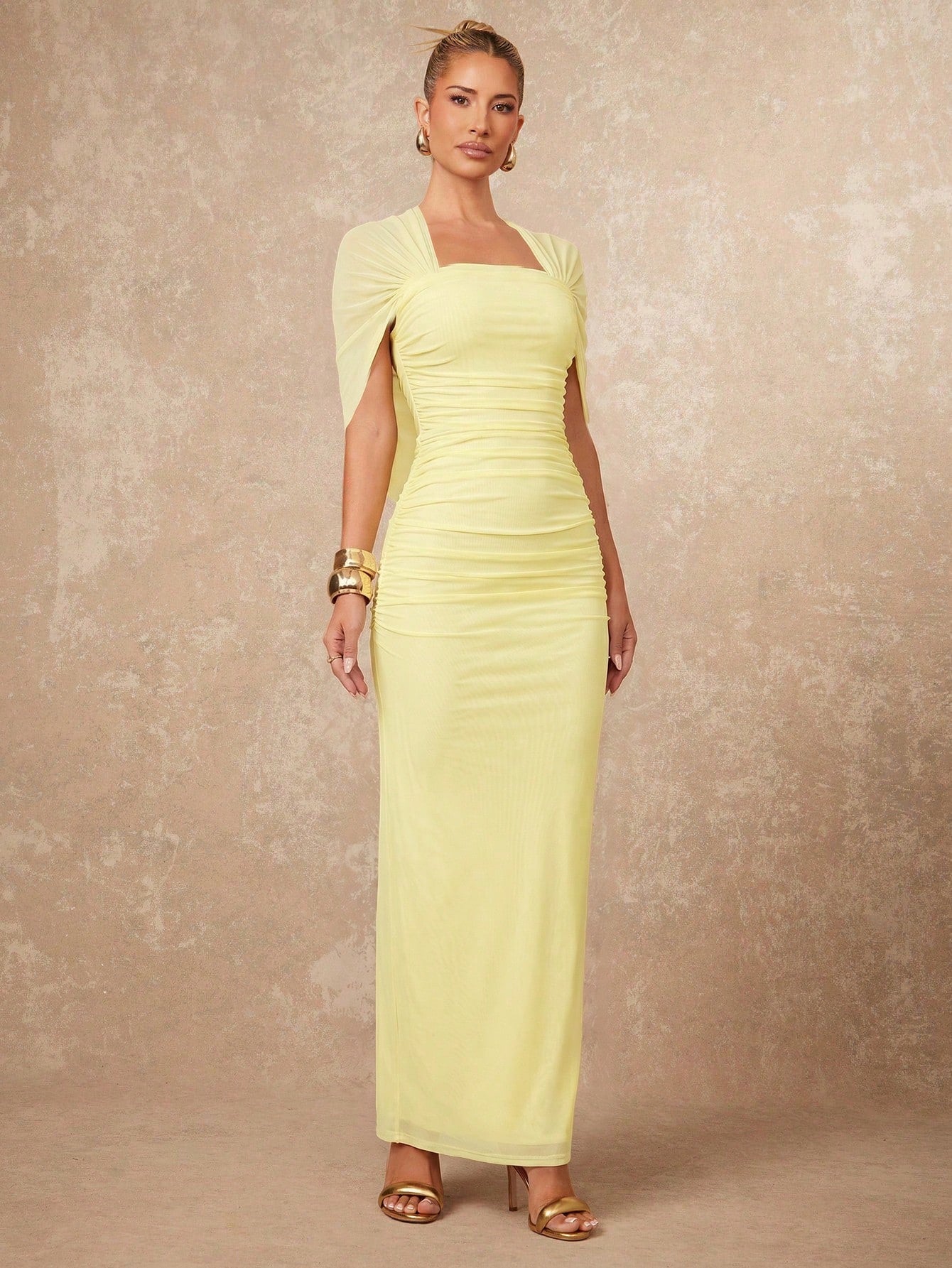 Lumalex Women's Pale Yellow Summer Elegant Day Party Dress,Old Money Ruched Bodycon Wedding Guest Formal Gown,Halterneck Flowy Layered Cocktail Outfits Modest