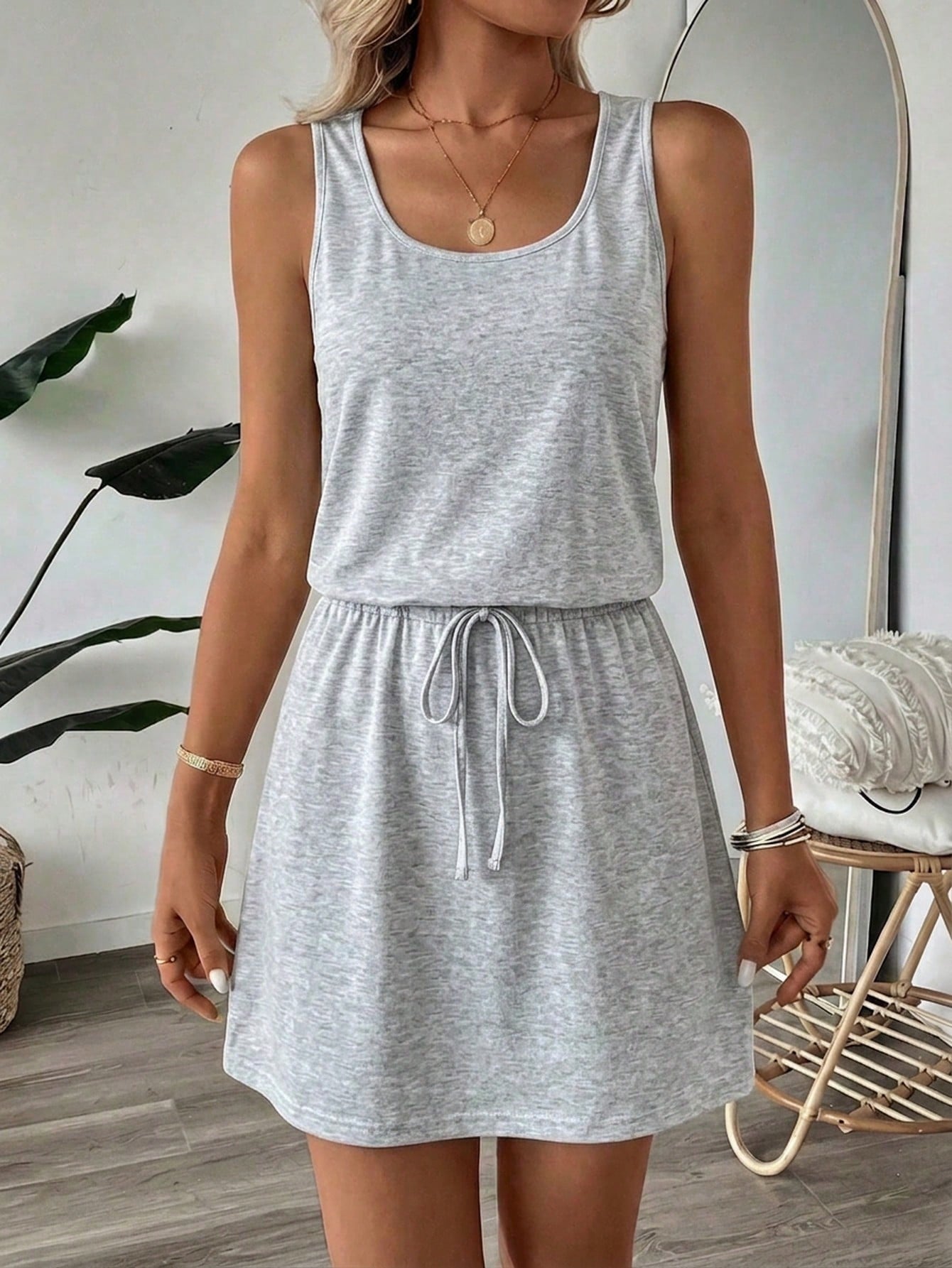 LUNE 95 Cotton Casual Minimalist Street Style Pure Cotton Light Grey Short 2-In-1 Dress, Women's Summer Dress Travel