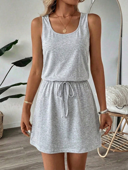 LUNE 95 Cotton Casual Minimalist Street Style Pure Cotton Light Grey Short 2-In-1 Dress, Women's Summer Dress Travel