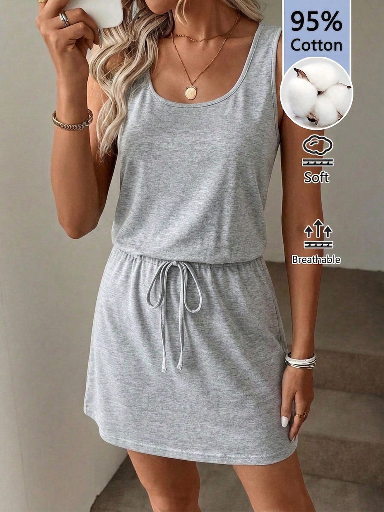 LUNE 95 Cotton Casual Minimalist Street Style Pure Cotton Light Grey Short 2-In-1 Dress, Women's Summer Dress Travel
