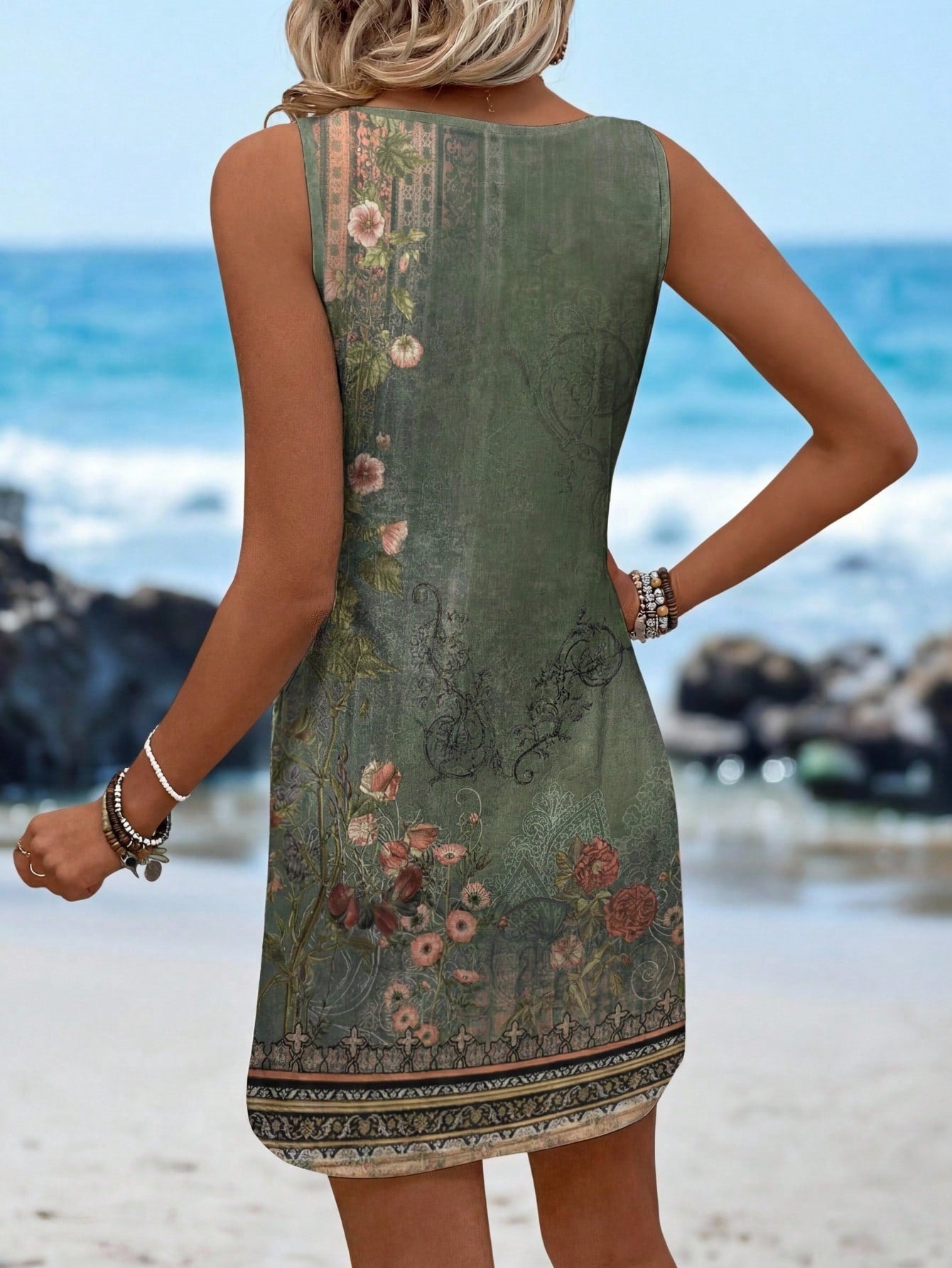 LUNE Casual Retro Floral Print Round Neck Dress For Women, Suitable For Spring And Summer Suitable For Going Out Chic Dress