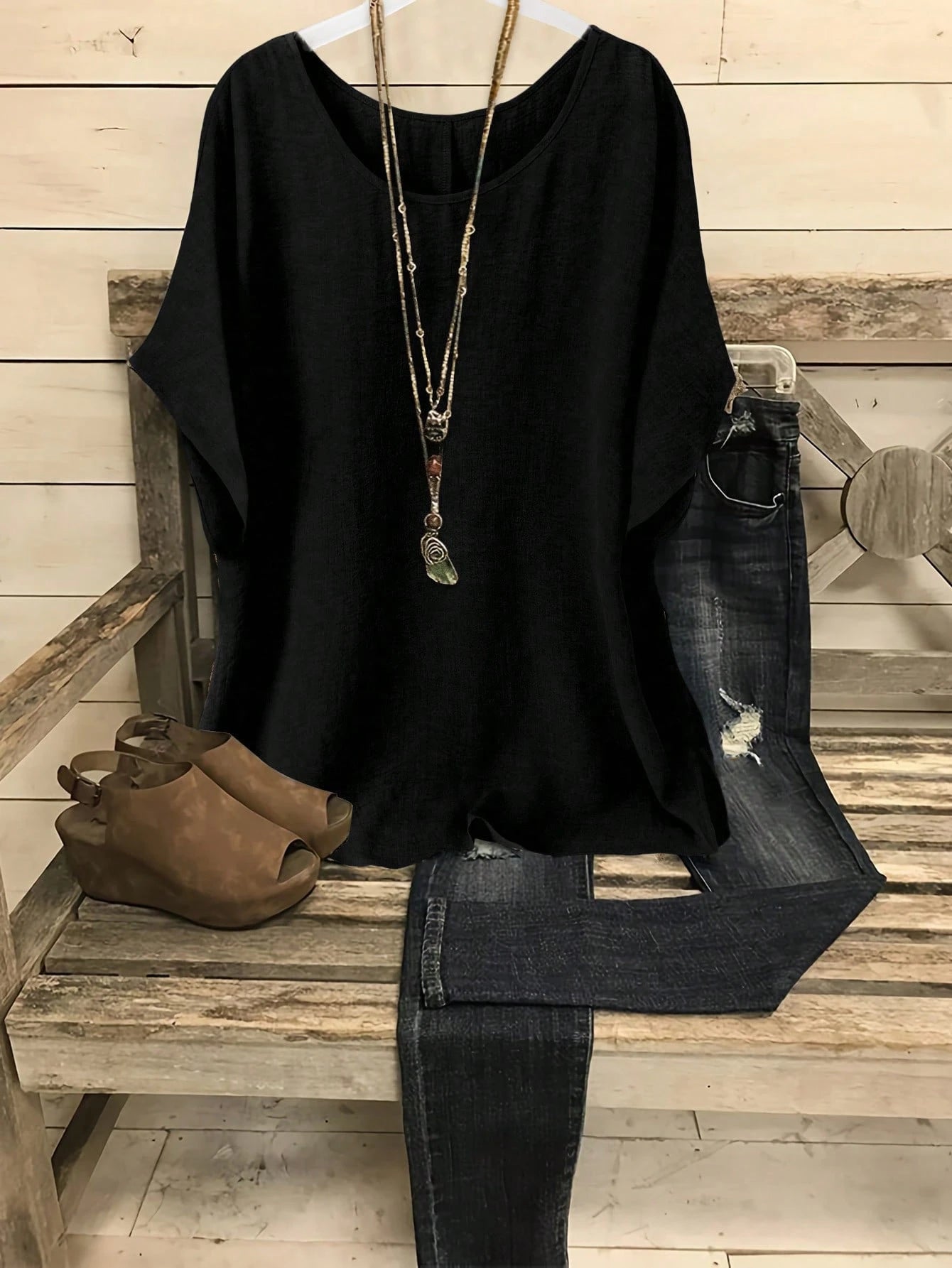 LUNE CURVE Plus Size Women Crew Neck Batwing Short Sleeve Casual Holiday Shirt