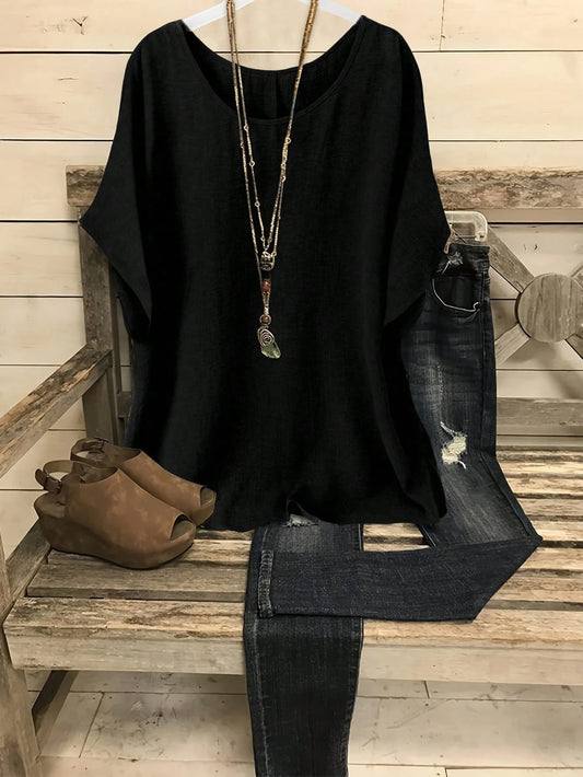 LUNE CURVE Plus Size Women Crew Neck Batwing Short Sleeve Casual Holiday Shirt