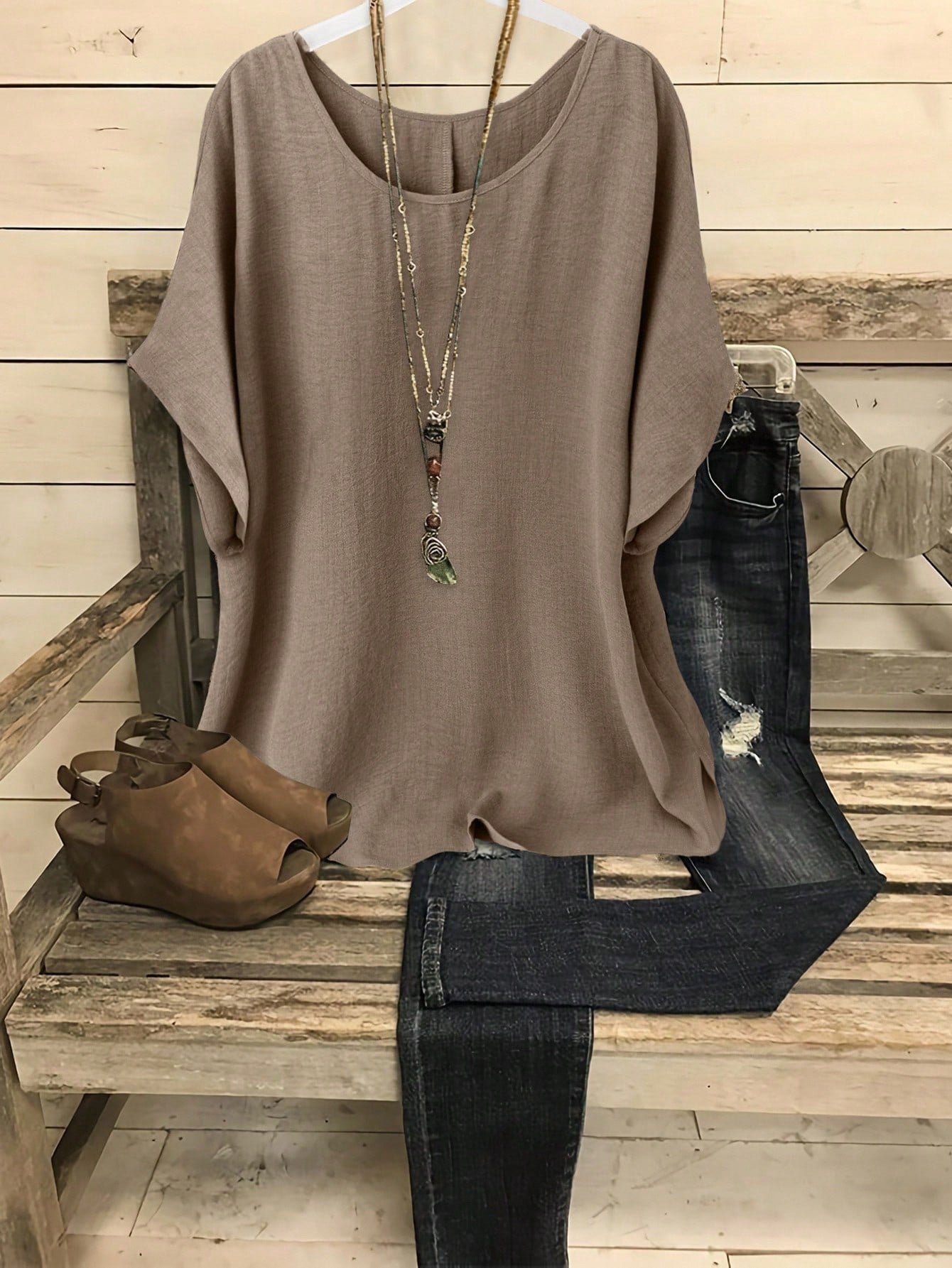 LUNE CURVE Plus Size Women Crew Neck Batwing Short Sleeve Casual Holiday Shirt