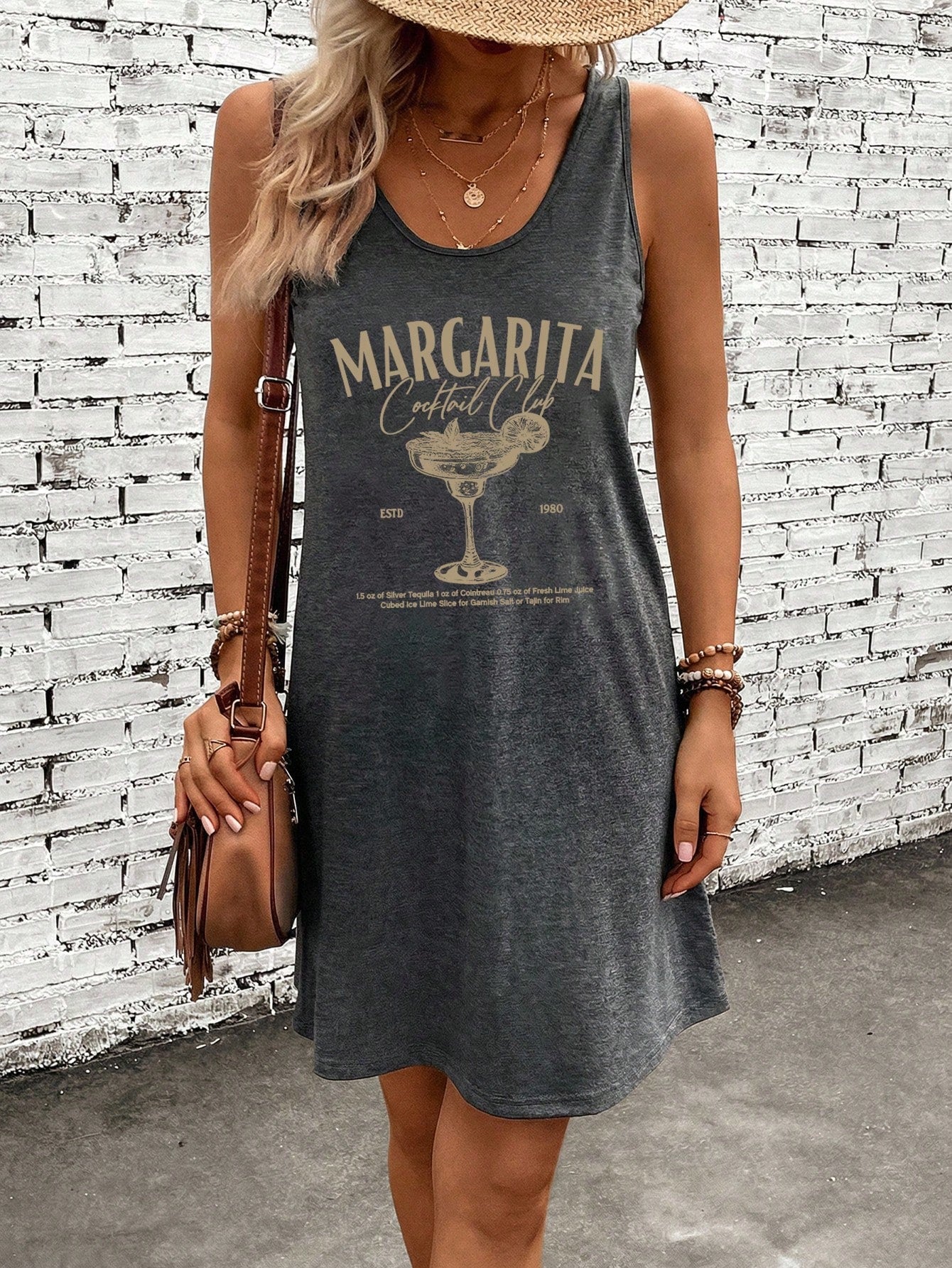 LUNE Dark Grey,Summer,Casual,Vacation,Holiday Graphic Sleeveless Dress,Retro Margarita Cocktail Print Soft Breathable Chic Western Festival Outfit