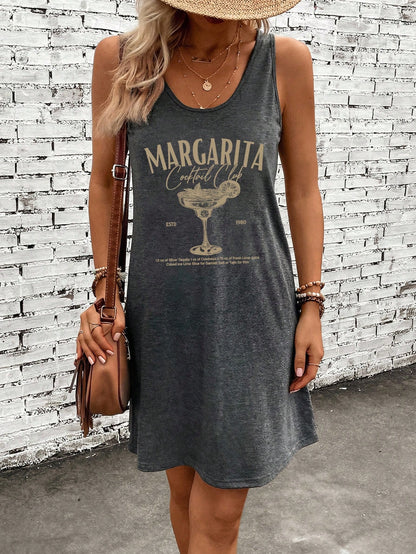 LUNE Dark Grey,Summer,Casual,Vacation,Holiday Graphic Sleeveless Dress,Retro Margarita Cocktail Print Soft Breathable Chic Western Festival Outfit