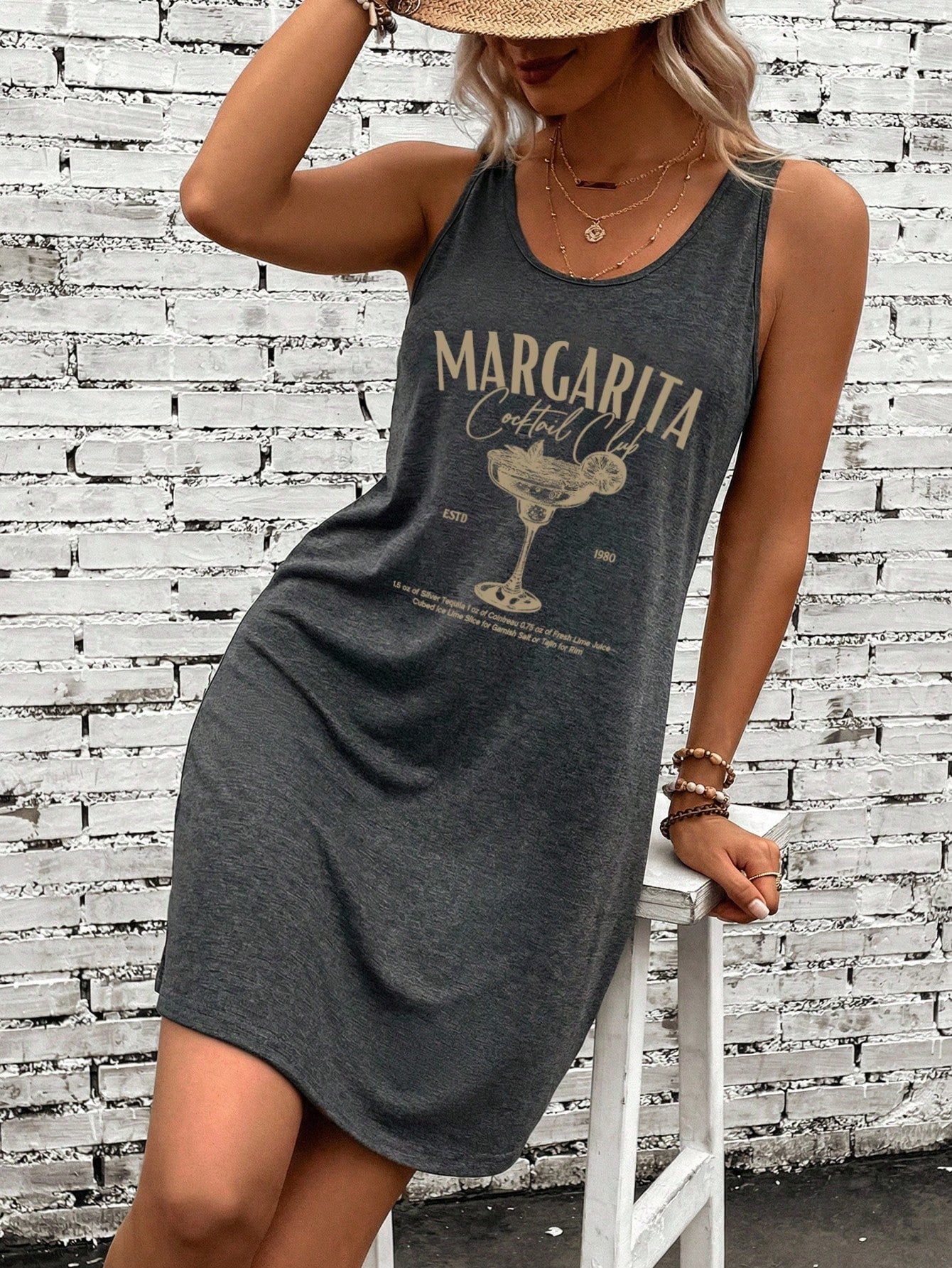 LUNE Dark Grey,Summer,Casual,Vacation,Holiday Graphic Sleeveless Dress,Retro Margarita Cocktail Print Soft Breathable Chic Western Festival Outfit