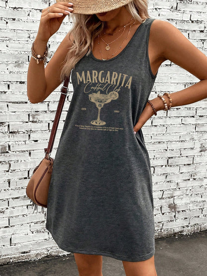 LUNE Dark Grey,Summer,Casual,Vacation,Holiday Graphic Sleeveless Dress,Retro Margarita Cocktail Print Soft Breathable Chic Western Festival Outfit