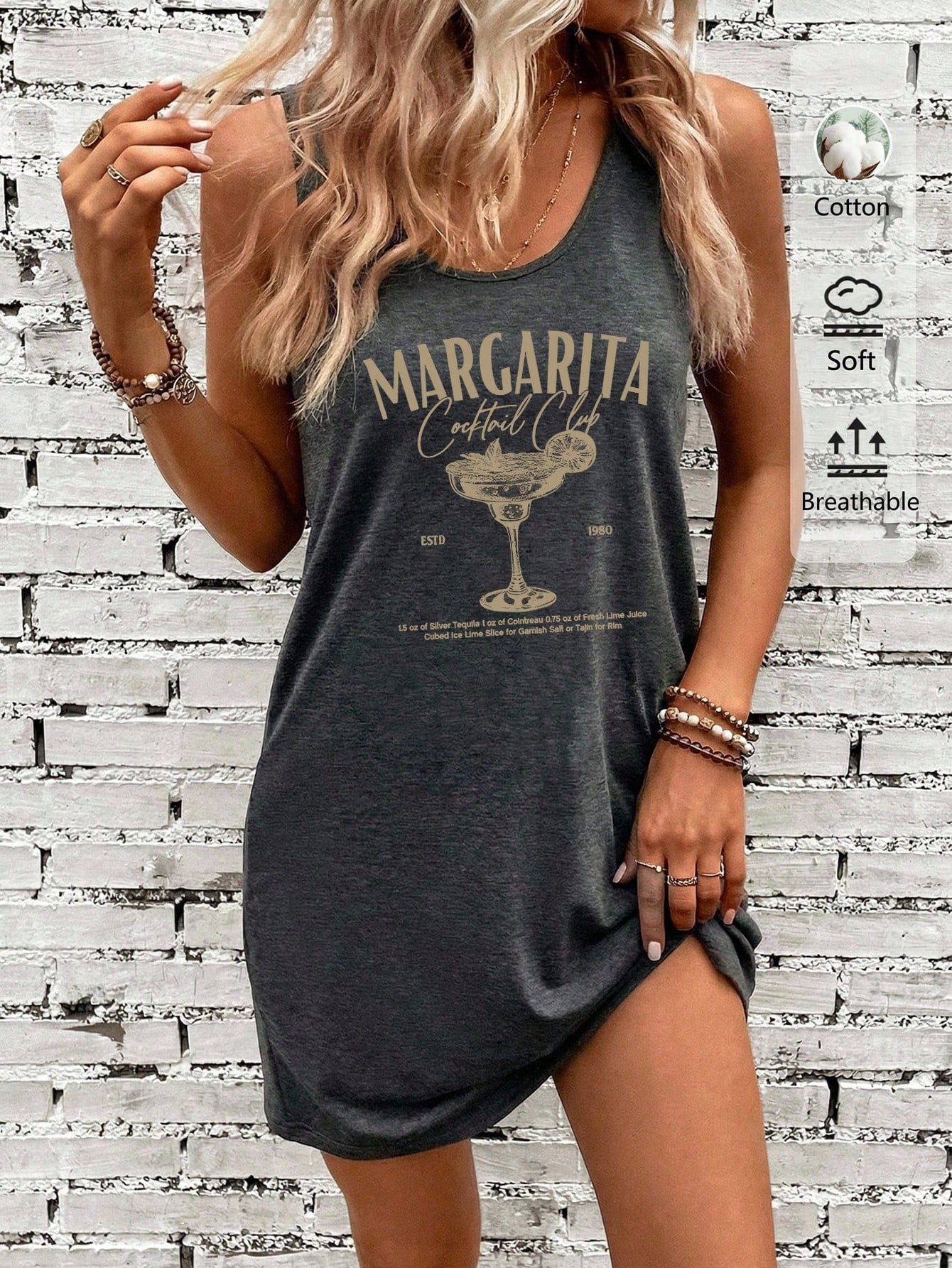 LUNE Dark Grey,Summer,Casual,Vacation,Holiday Graphic Sleeveless Dress,Retro Margarita Cocktail Print Soft Breathable Chic Western Festival Outfit
