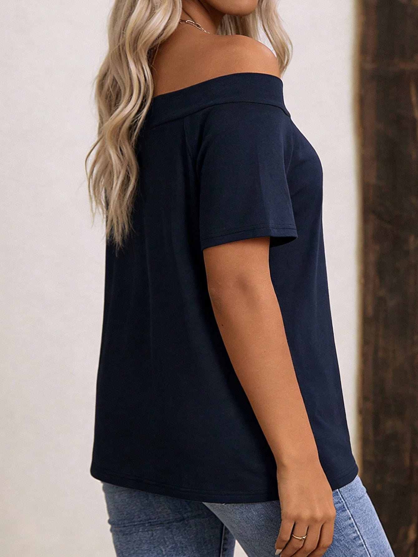 LUNE New Khaki Retro Casual One-Shoulder Short Sleeve Plus Size T-Shirt