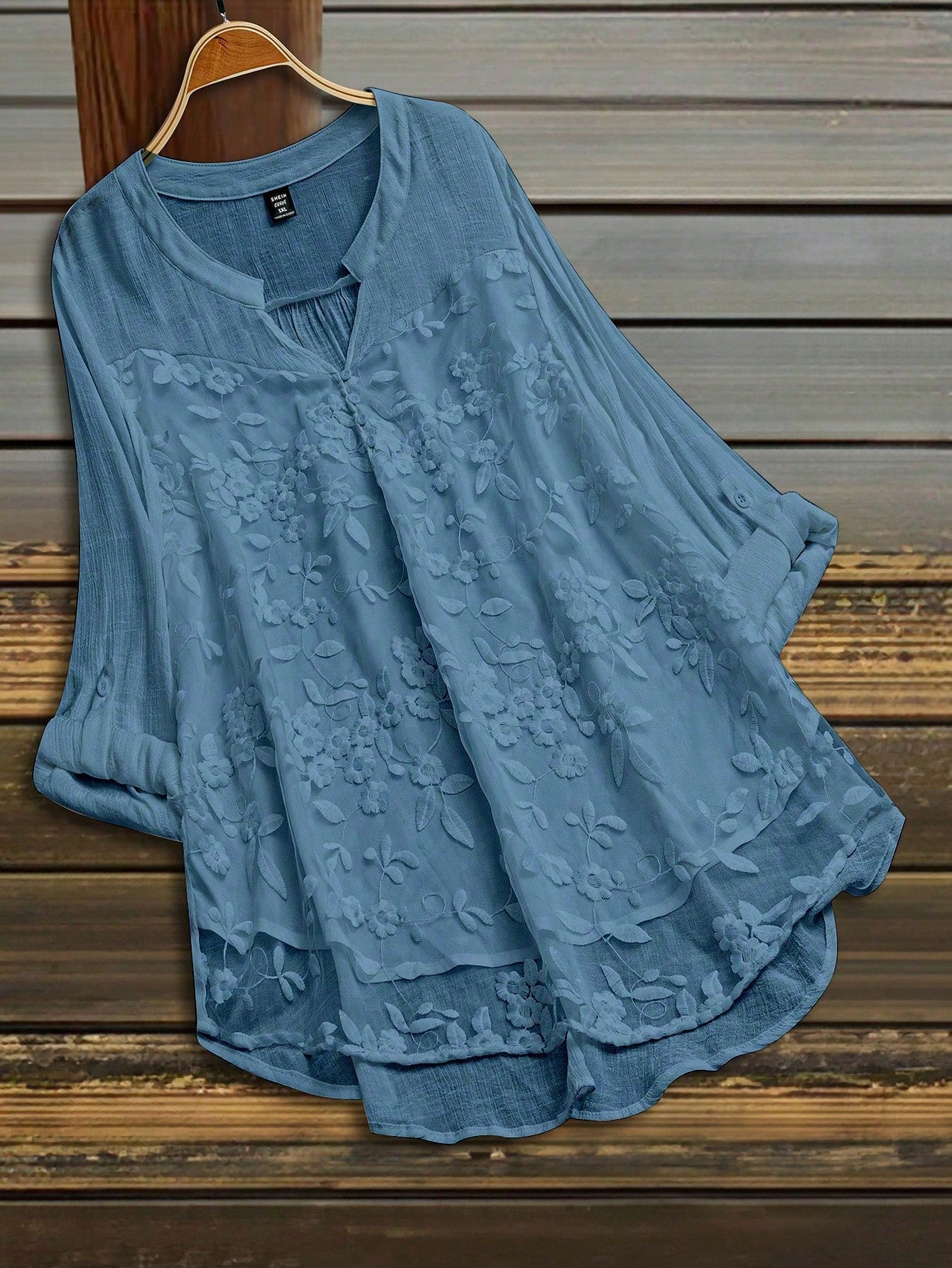 LUNE Plus Size Blue Floral Blouse, Casual V-Neck Textured Top For Women Fall