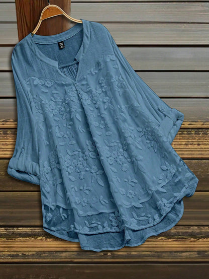 LUNE Plus Size Blue Floral Blouse, Casual V-Neck Textured Top For Women Fall
