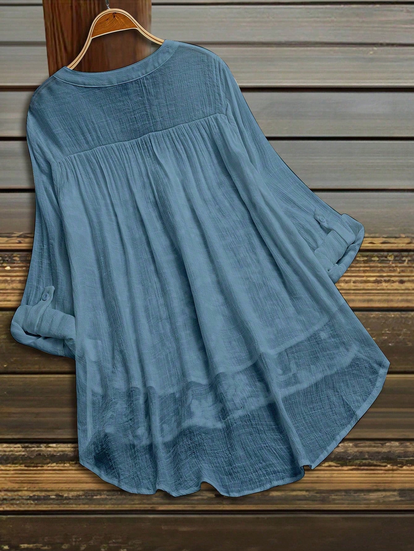 LUNE Plus Size Blue Floral Blouse, Casual V-Neck Textured Top For Women Fall