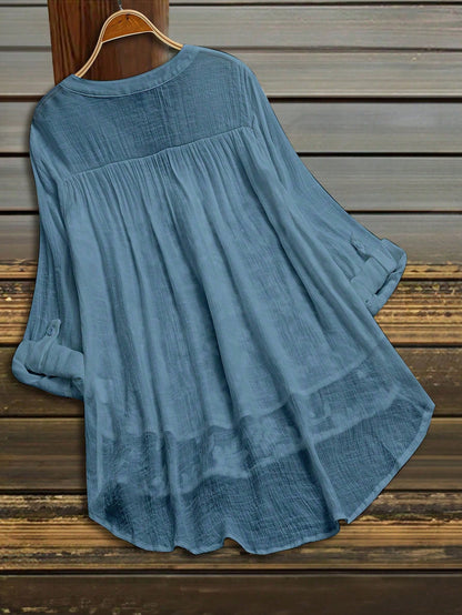 LUNE Plus Size Blue Floral Blouse, Casual V-Neck Textured Top For Women Fall