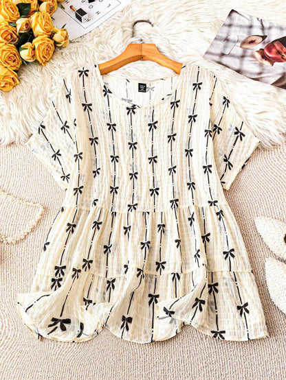 LUNE Plus Size Bow Print Short Sleeve Textured Round Neck Blouse