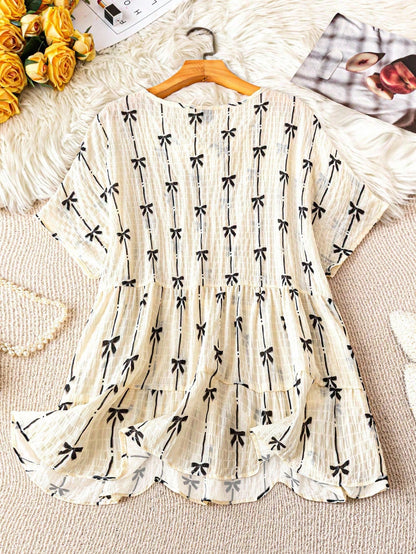 LUNE Plus Size Bow Print Short Sleeve Textured Round Neck Blouse