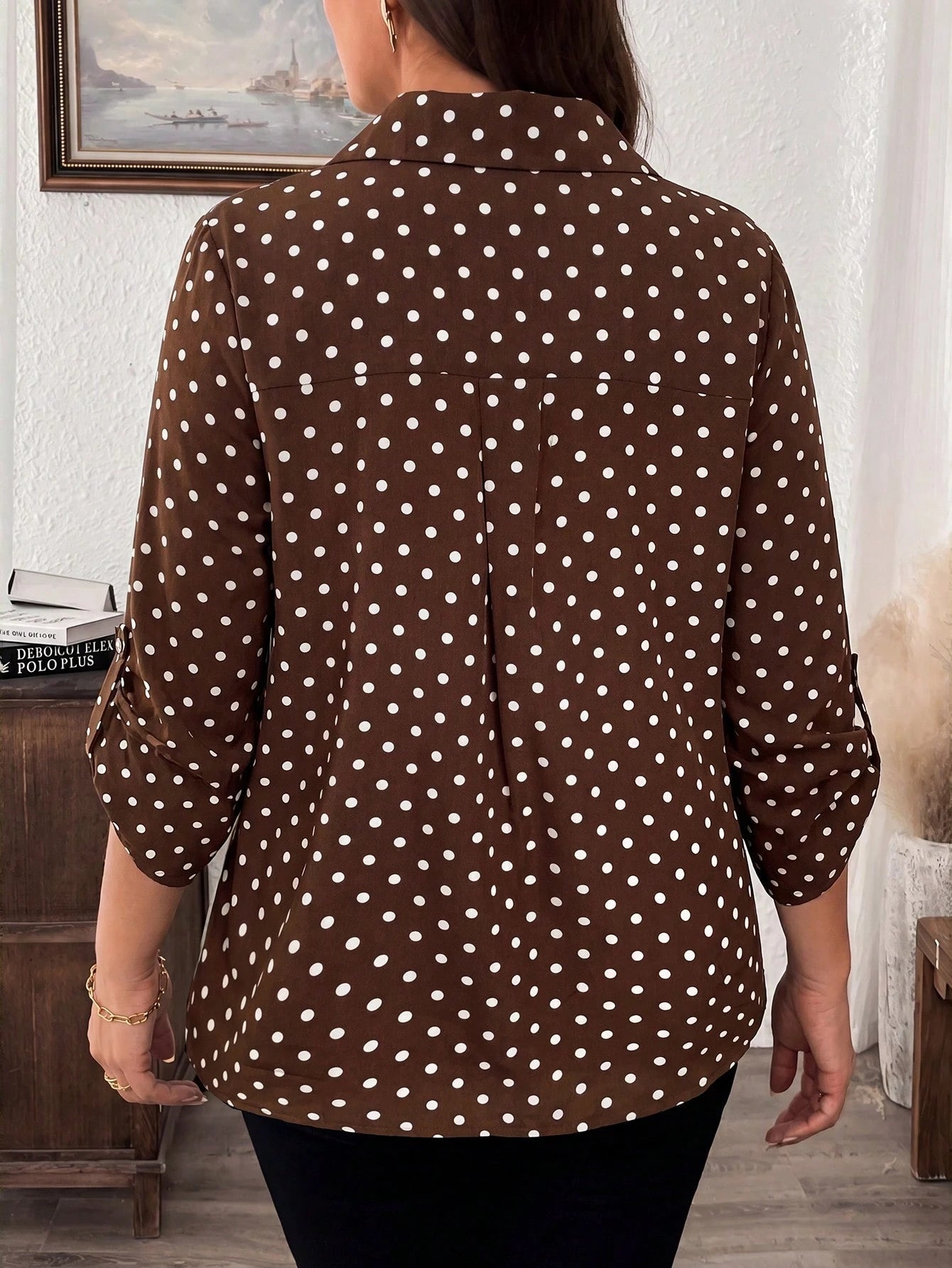 LUNE Plus Size Brown Mid-Sleeve Shirt Office Gym Autumn 90s Fall