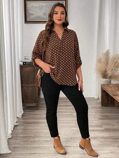 LUNE Plus Size Brown Mid-Sleeve Shirt Office Gym Autumn 90s Fall