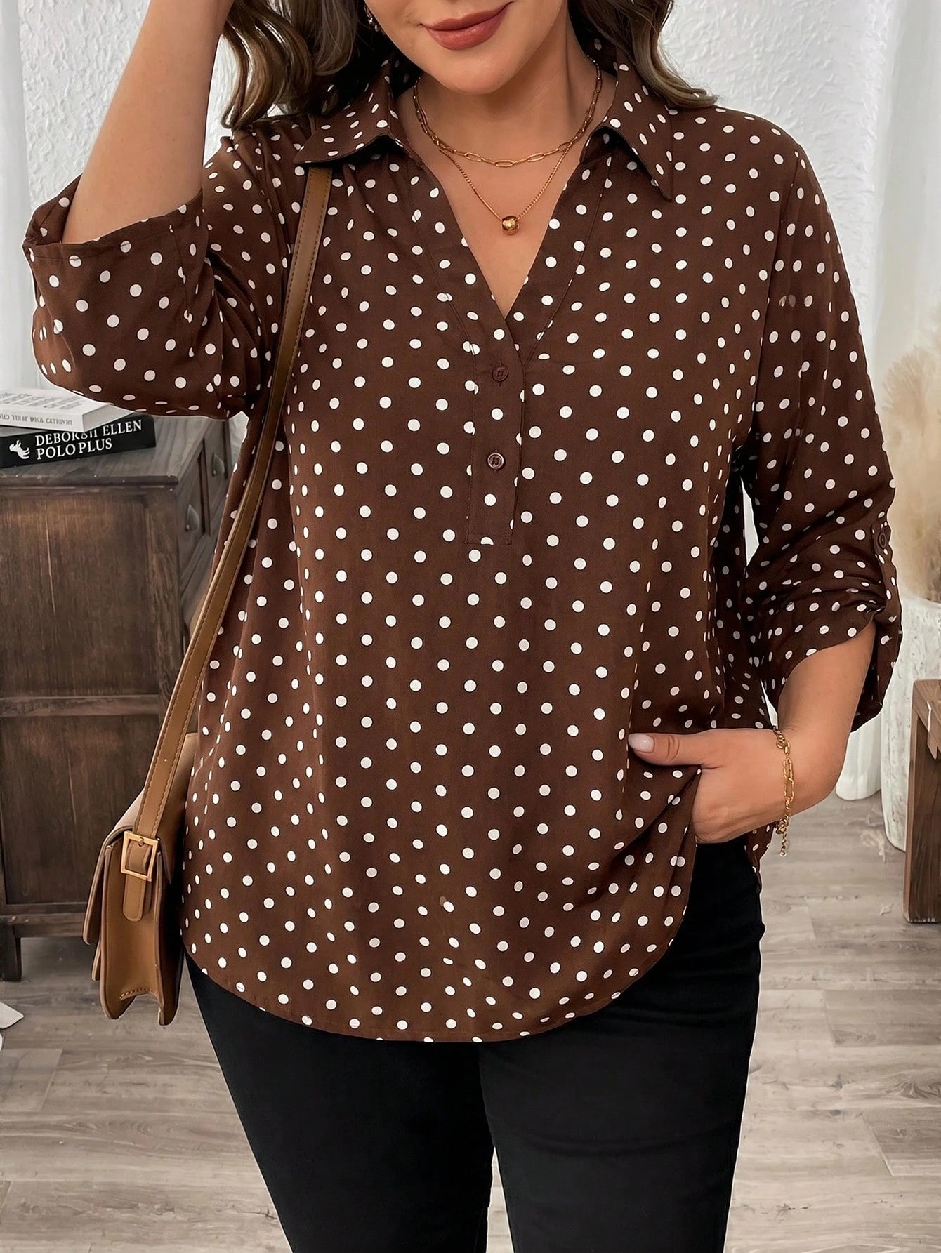 LUNE Plus Size Brown Mid-Sleeve Shirt Office Gym Autumn 90s Fall