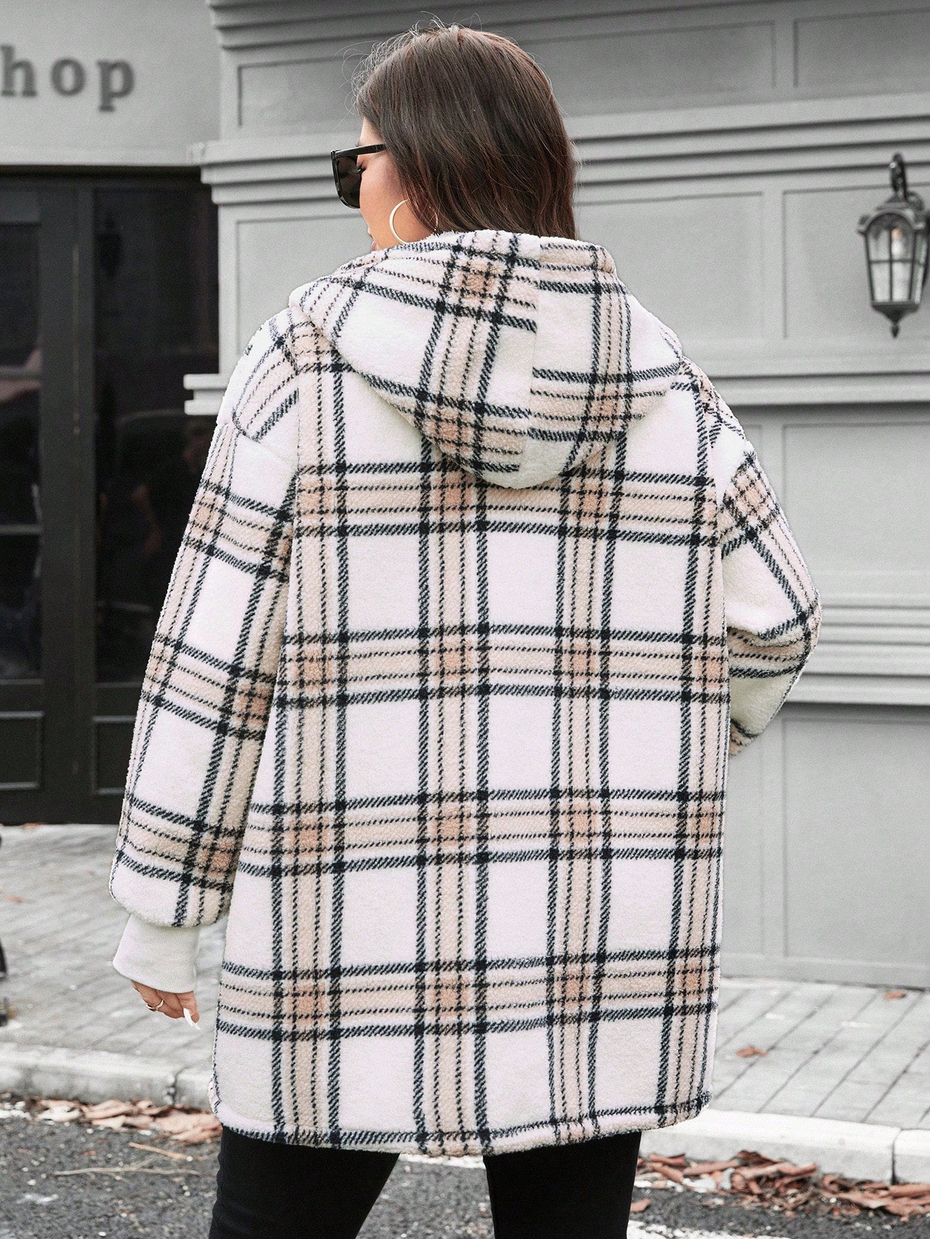LUNE Plus Size Buffalo Plaid Pattern Drop Shoulder Hooded Teddy Coat Winter New Years Women Holiday Thermal