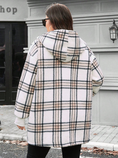 LUNE Plus Size Buffalo Plaid Pattern Drop Shoulder Hooded Teddy Coat Winter New Years Women Holiday Thermal