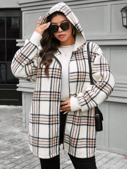 LUNE Plus Size Buffalo Plaid Pattern Drop Shoulder Hooded Teddy Coat Winter New Years Women Holiday Thermal