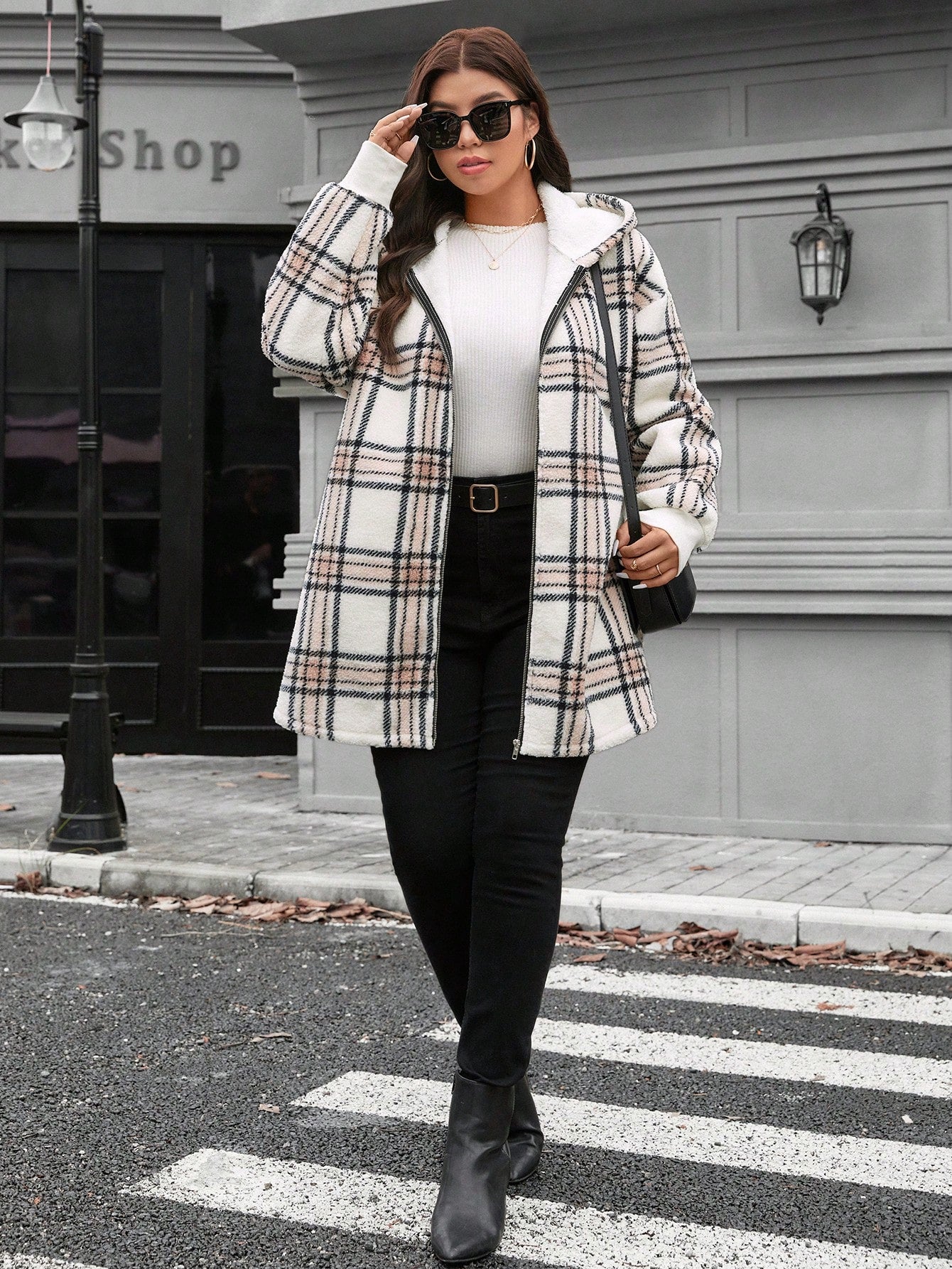 LUNE Plus Size Buffalo Plaid Pattern Drop Shoulder Hooded Teddy Coat Winter New Years Women Holiday Thermal