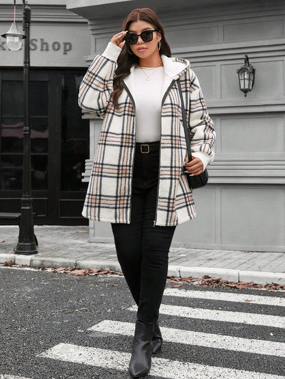 LUNE Plus Size Buffalo Plaid Pattern Drop Shoulder Hooded Teddy Coat Winter New Years Women Holiday Thermal
