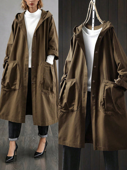 LUNE Plus Size Casual Hooded Long Jacket With Large Pockets Fall Winter Cloth For Women Autumn