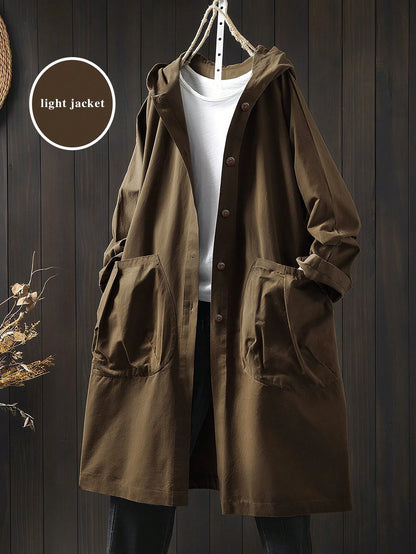 LUNE Plus Size Casual Hooded Long Jacket With Large Pockets Fall Winter Cloth For Women Autumn