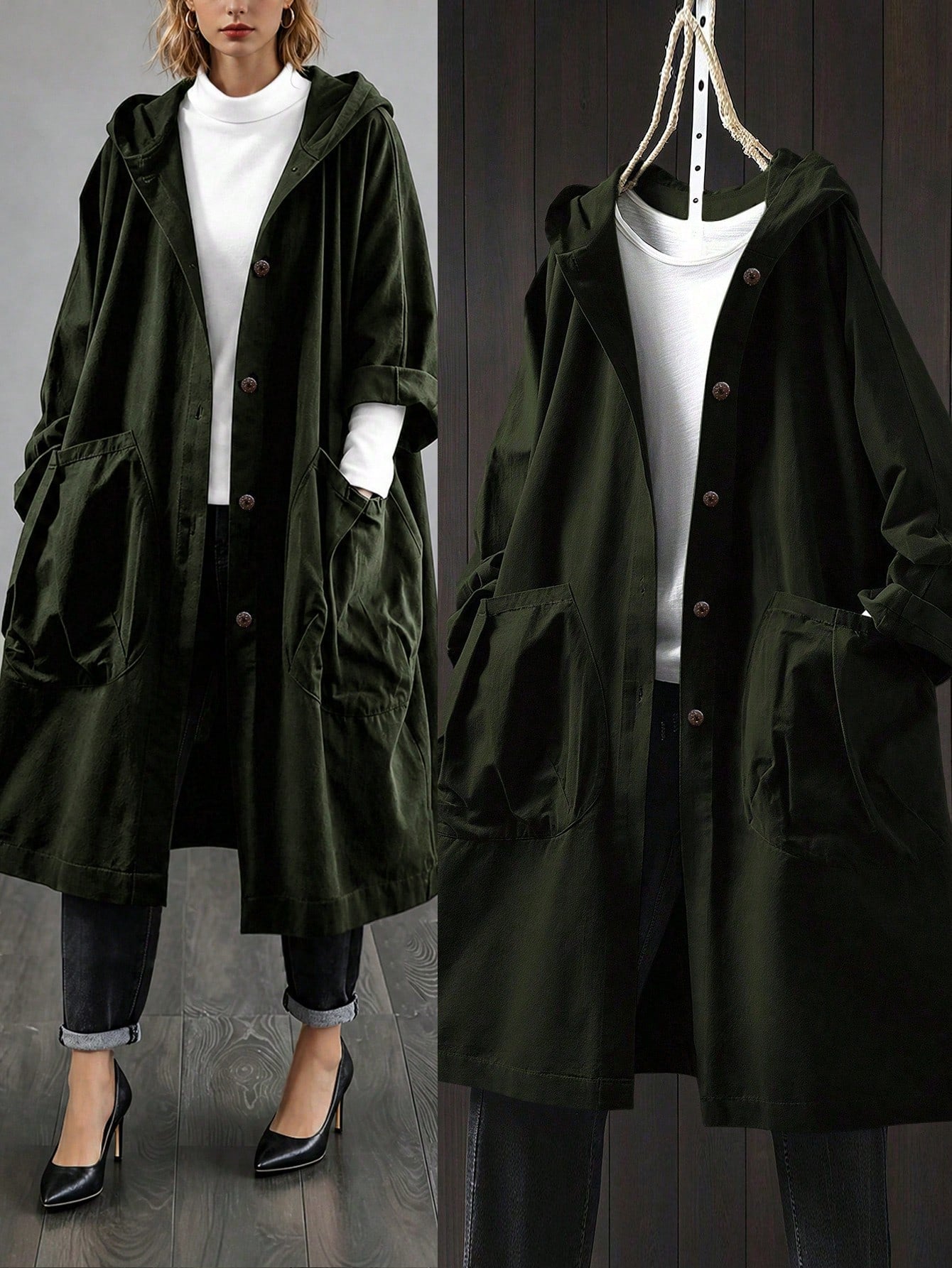 LUNE Plus Size Casual Hooded Long Jacket With Large Pockets Fall Winter Cloth For Women Autumn