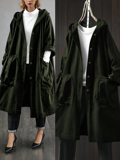 LUNE Plus Size Casual Hooded Long Jacket With Large Pockets Fall Winter Cloth For Women Autumn