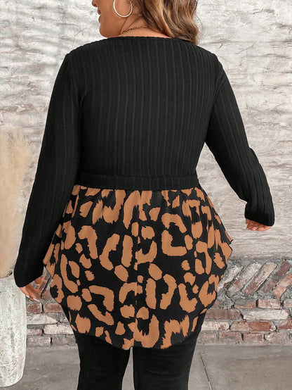 LUNE Plus Size Casual Patchwork Leopard Print Long Sleeve Top, Autumn Fall Cloth For Women