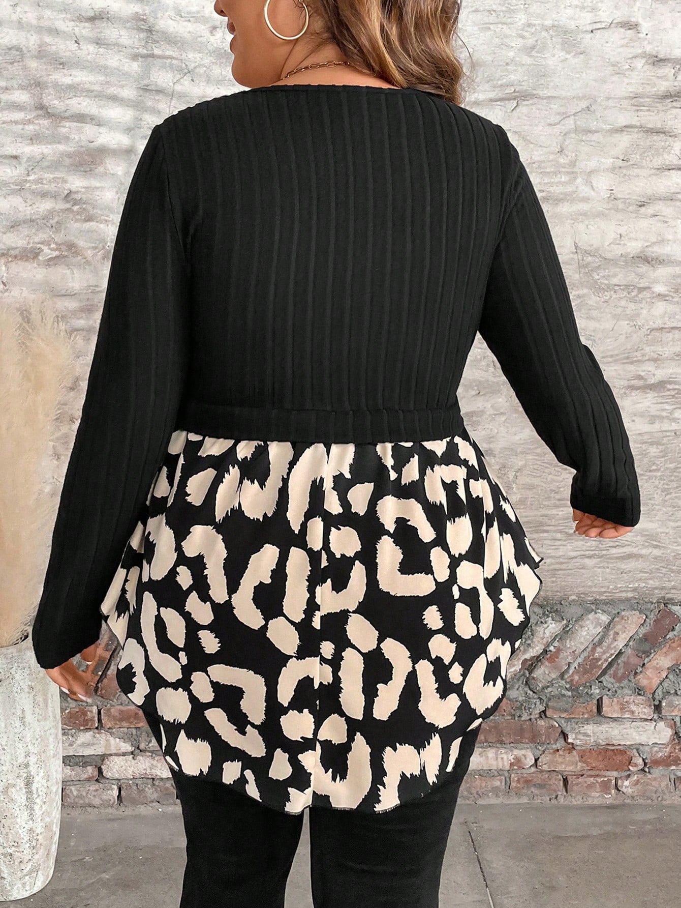 LUNE Plus Size Casual Patchwork Leopard Print Long Sleeve Top, Autumn Fall Cloth For Women