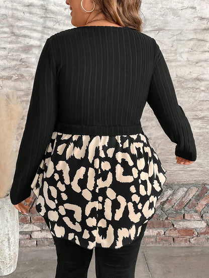 LUNE Plus Size Casual Patchwork Leopard Print Long Sleeve Top, Autumn Fall Cloth For Women
