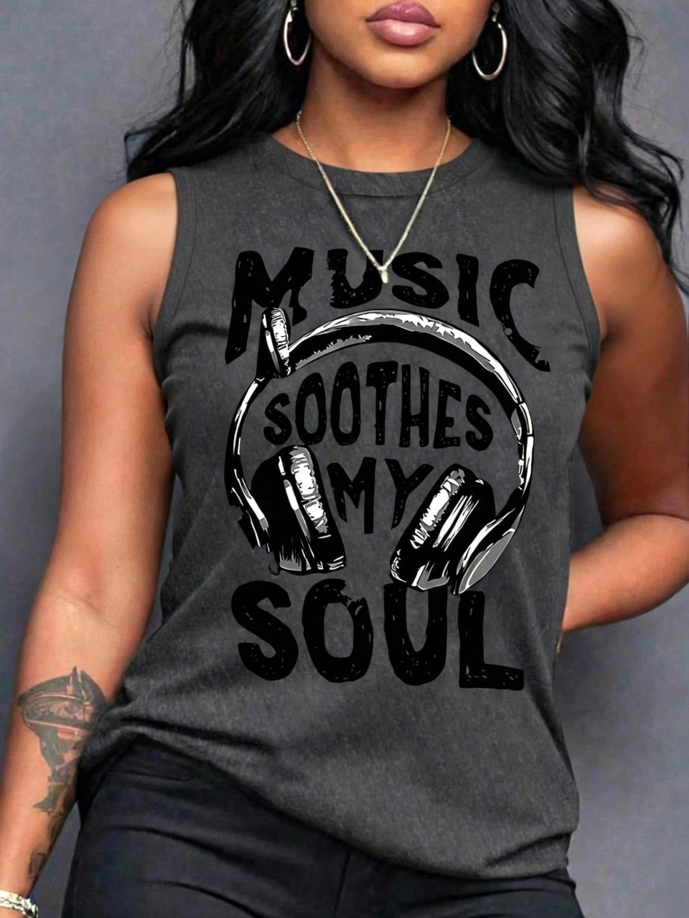 LUNE Plus Size Casual Slogan Print Headphone Earphone Decor Tank Top, Summer