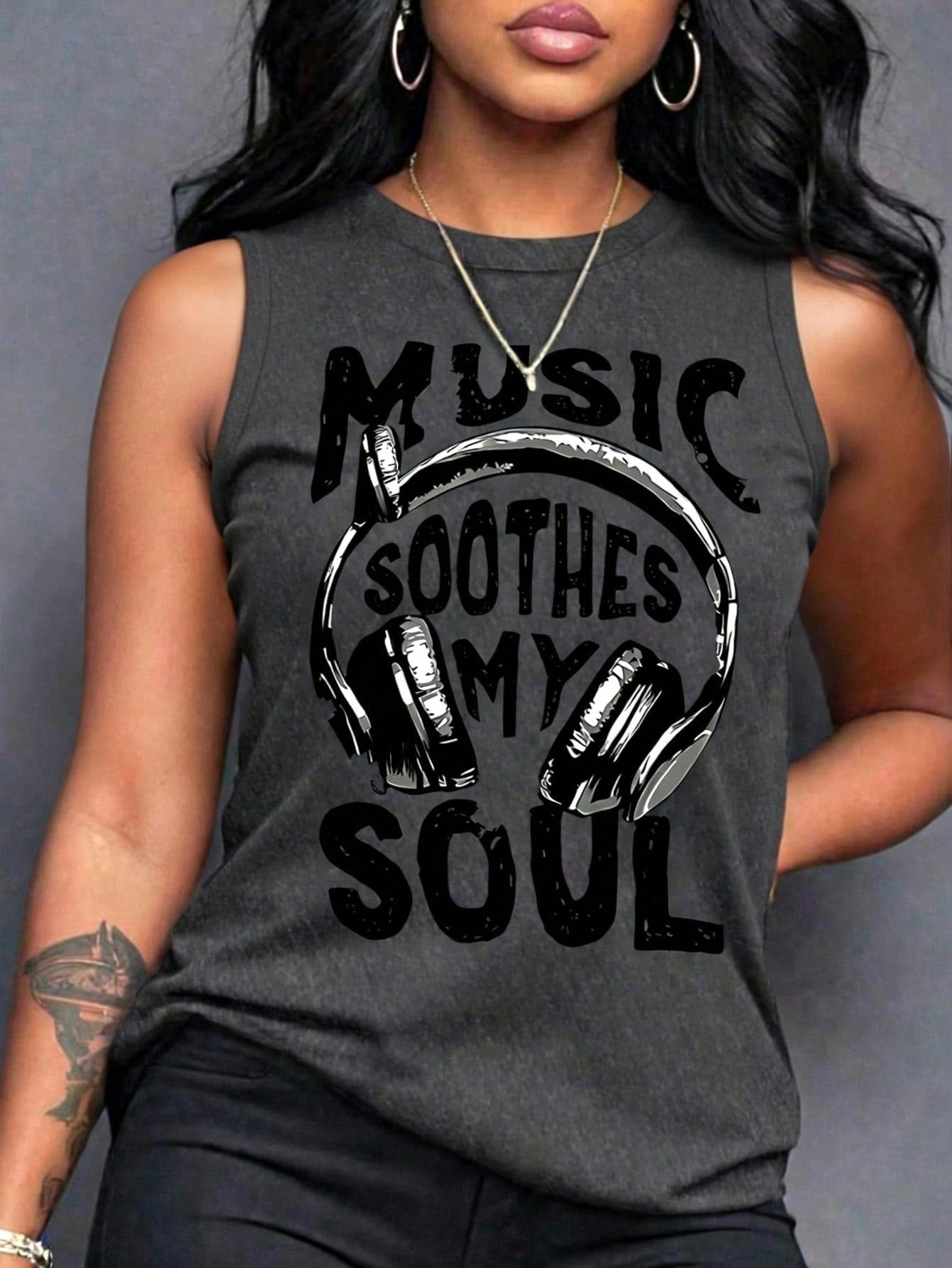 LUNE Plus Size Casual Slogan Print Headphone Earphone Decor Tank Top, Summer