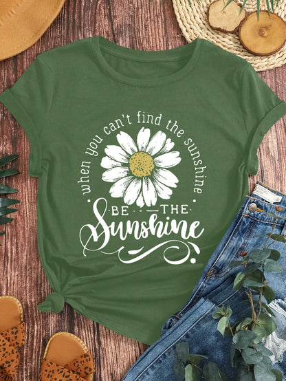 LUNE Plus Size Chrysanthemum Print And English Letter Print Summer Women's Crew Neck T-Shirt Graphic Tees Women Tops