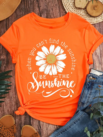 LUNE Plus Size Chrysanthemum Print And English Letter Print Summer Women's Crew Neck T-Shirt Graphic Tees Women Tops