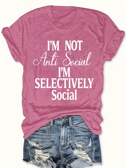 LUNE Plus Size "I'm Not Anti-Social; I'm Selectively Social" Slogan Print Summer Crew-Neck T-Shirt Graphic Tees Women Tops