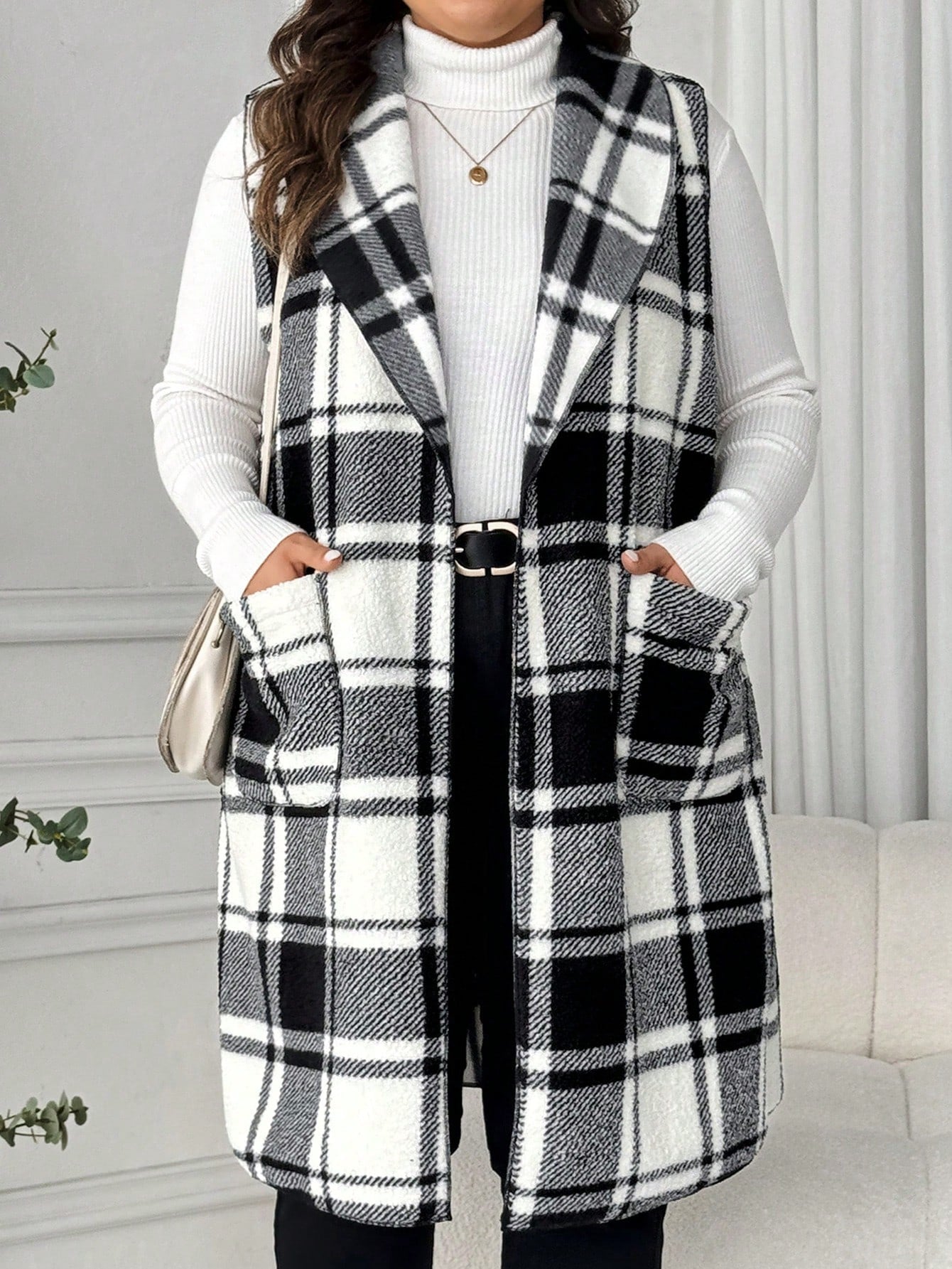 LUNE Plus Size Lapel Sleeveless Open Front Reversible Plaid Print Mid-Length Jacket Winter Fall Autumn Bussines Formal Office Casual Elegant