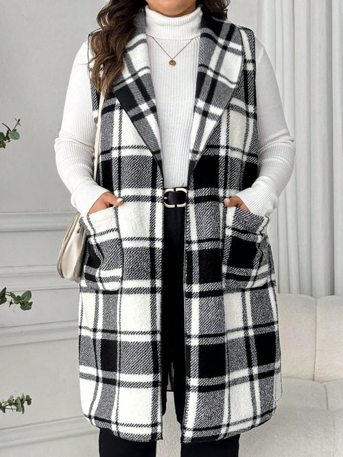 LUNE Plus Size Lapel Sleeveless Open Front Reversible Plaid Print Mid-Length Jacket Winter Fall Autumn Bussines Formal Office Casual Elegant