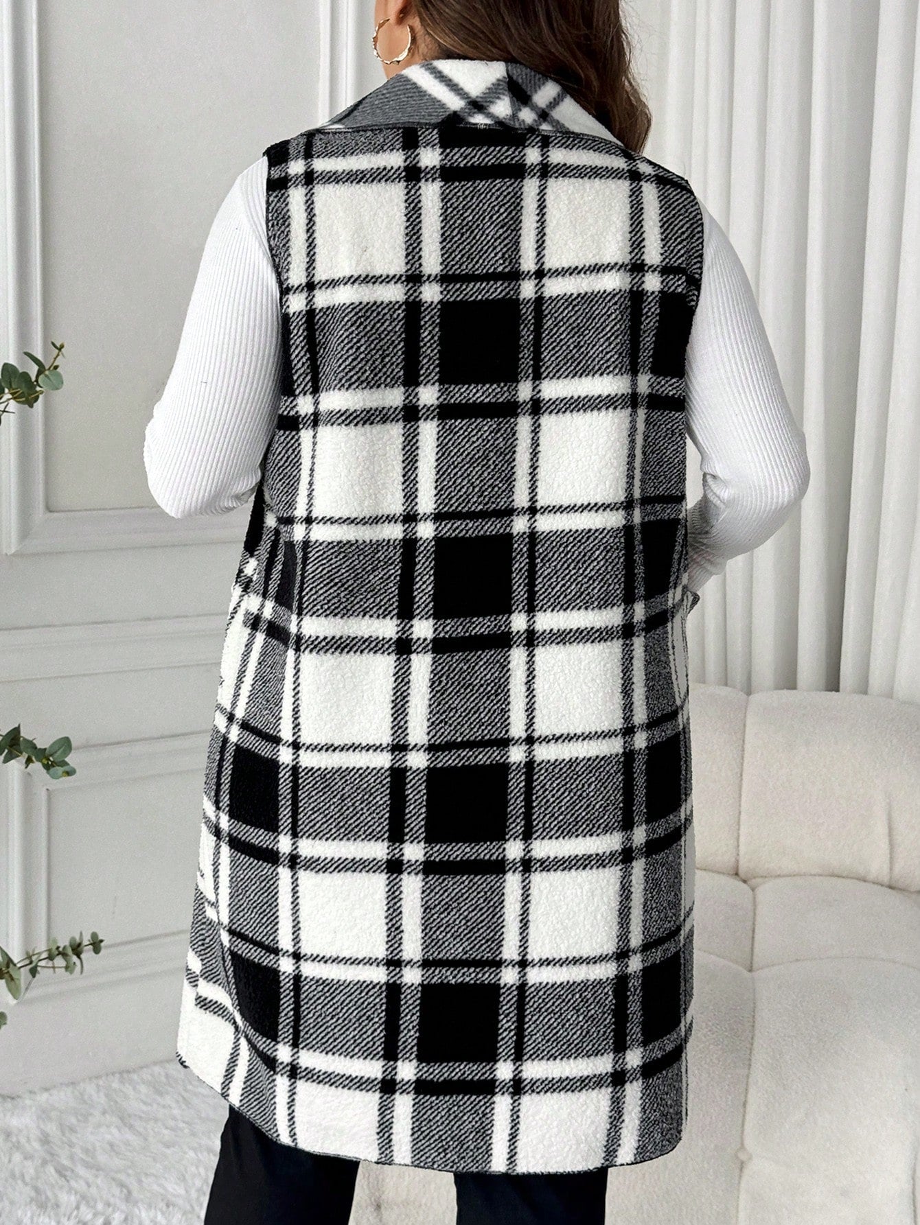 LUNE Plus Size Lapel Sleeveless Open Front Reversible Plaid Print Mid-Length Jacket Winter Fall Autumn Bussines Formal Office Casual Elegant