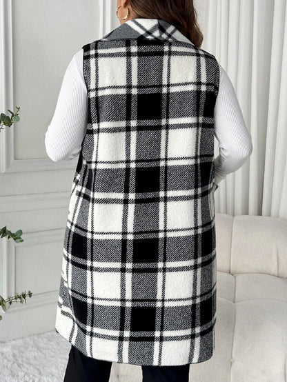 LUNE Plus Size Lapel Sleeveless Open Front Reversible Plaid Print Mid-Length Jacket Winter Fall Autumn Bussines Formal Office Casual Elegant