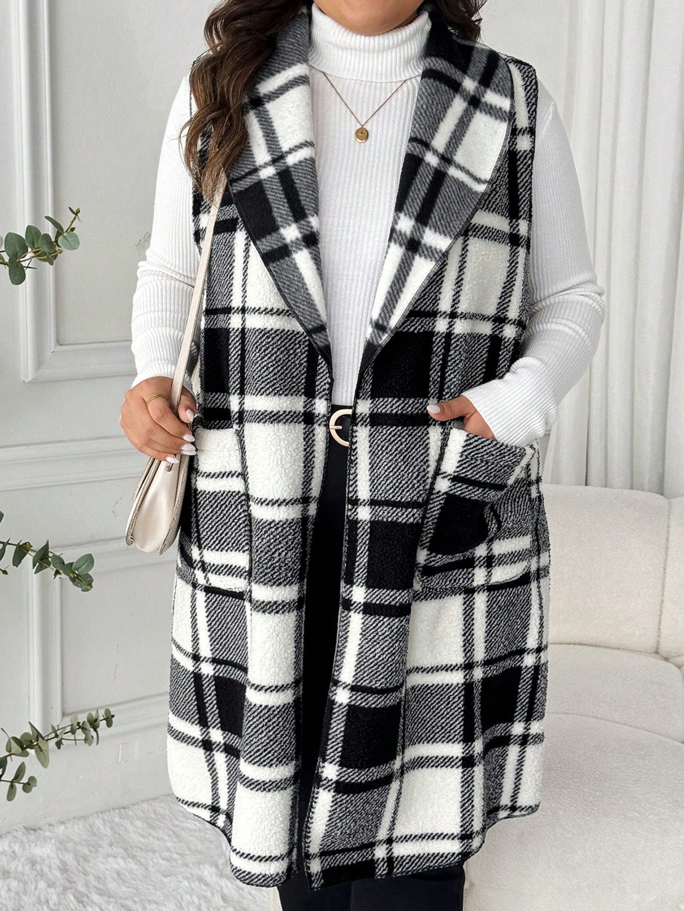 LUNE Plus Size Lapel Sleeveless Open Front Reversible Plaid Print Mid-Length Jacket Winter Fall Autumn Bussines Formal Office Casual Elegant