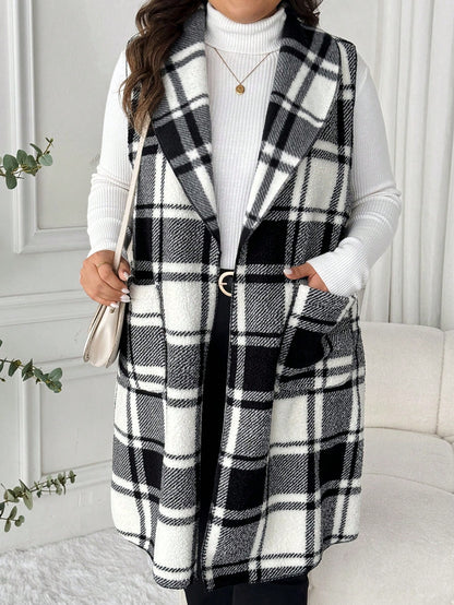 LUNE Plus Size Lapel Sleeveless Open Front Reversible Plaid Print Mid-Length Jacket Winter Fall Autumn Bussines Formal Office Casual Elegant