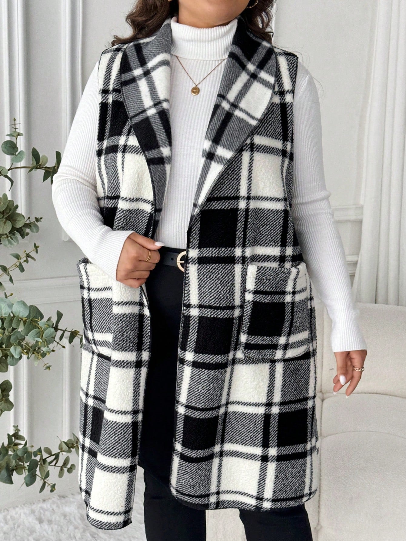 LUNE Plus Size Lapel Sleeveless Open Front Reversible Plaid Print Mid-Length Jacket Winter Fall Autumn Bussines Formal Office Casual Elegant