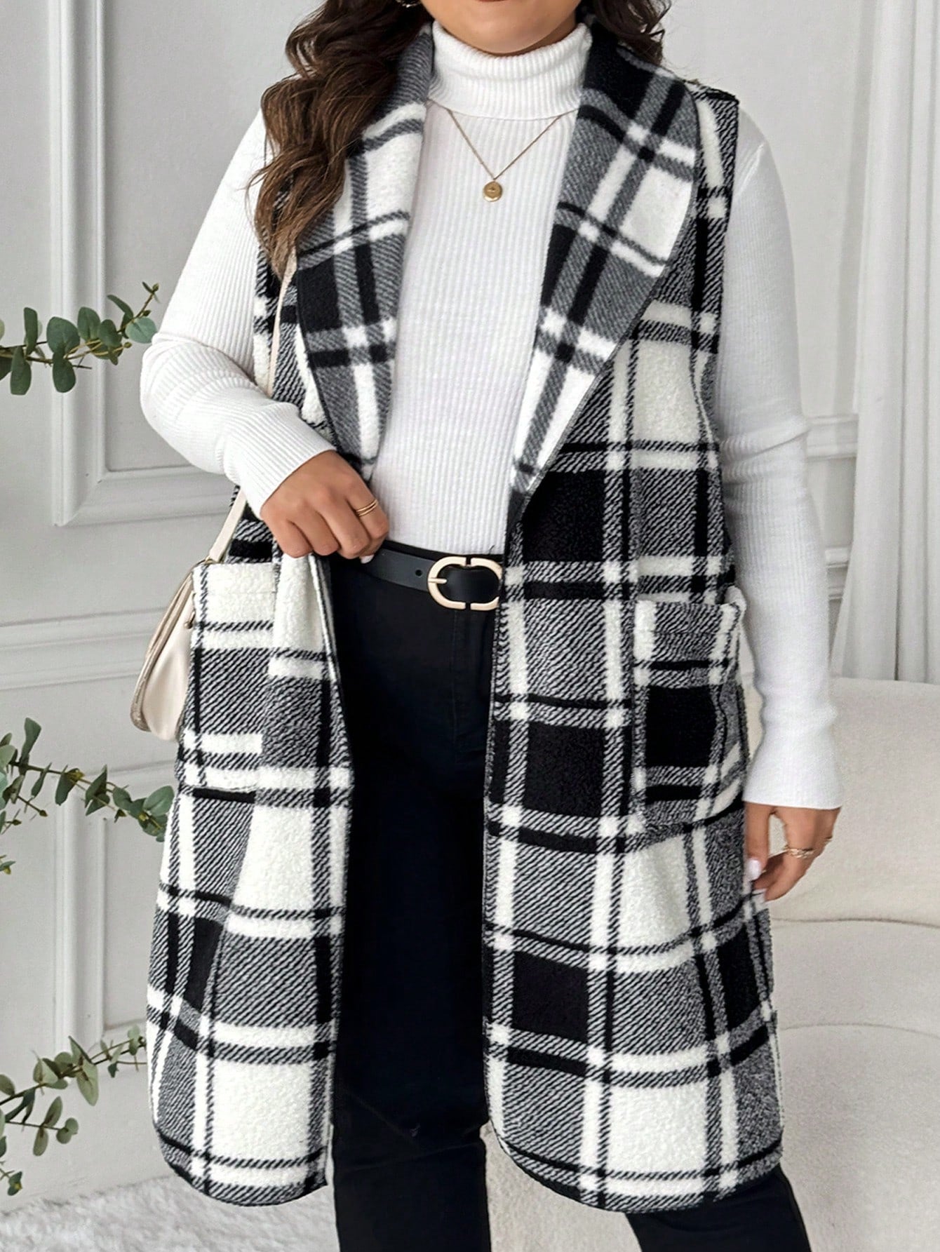 LUNE Plus Size Lapel Sleeveless Open Front Reversible Plaid Print Mid-Length Jacket Winter Fall Autumn Bussines Formal Office Casual Elegant