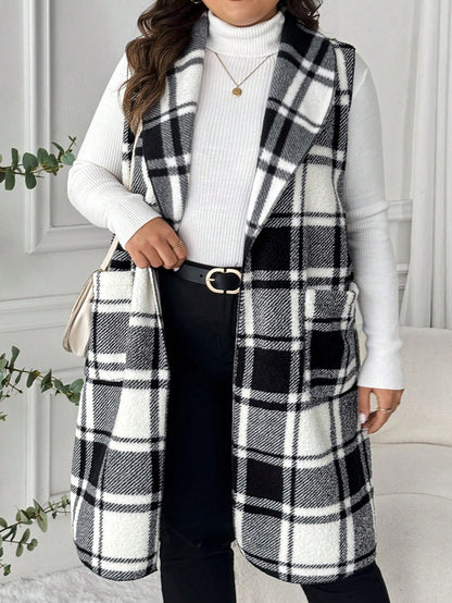 LUNE Plus Size Lapel Sleeveless Open Front Reversible Plaid Print Mid-Length Jacket Winter Fall Autumn Bussines Formal Office Casual Elegant